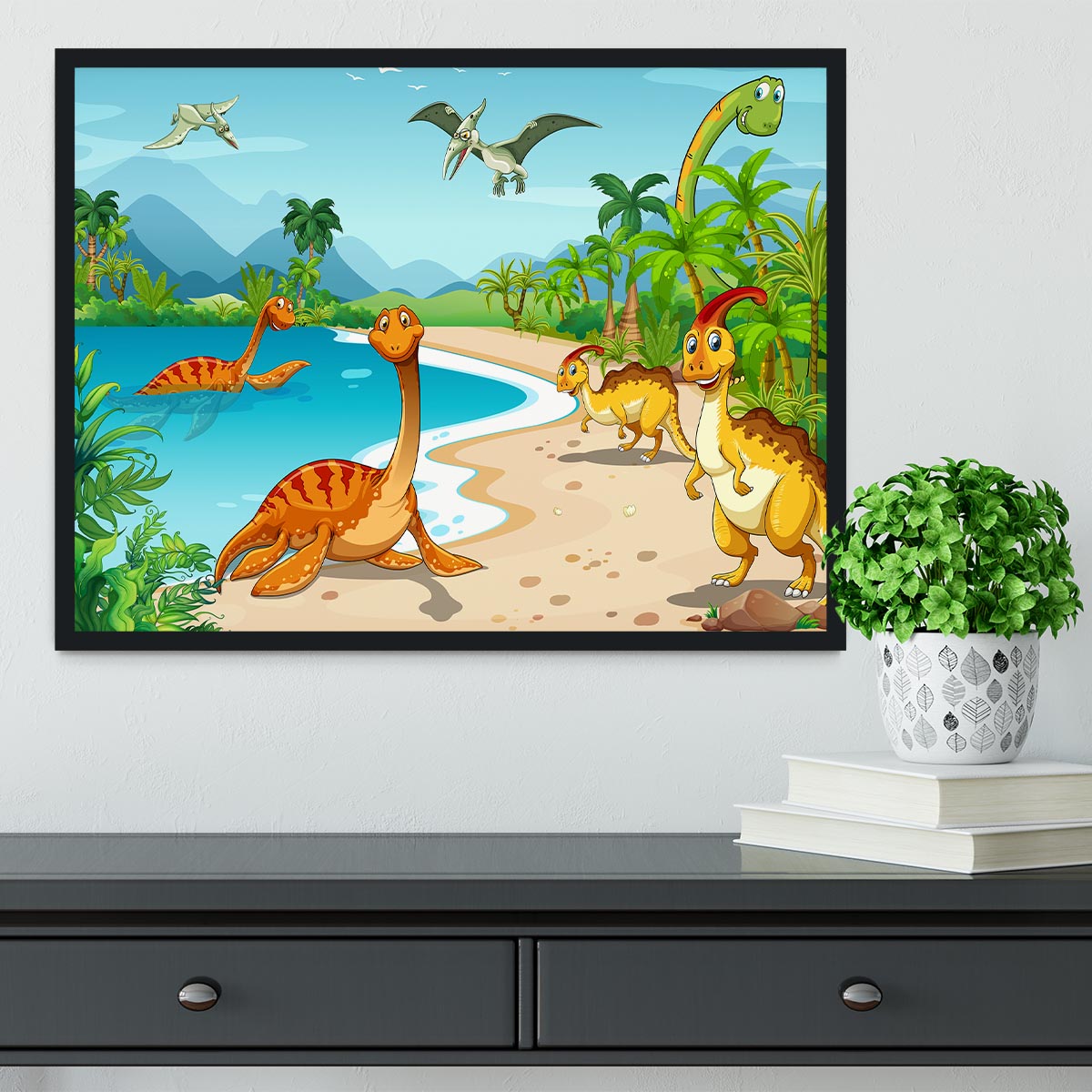 Dinosaurs living on the beach Framed Print - Canvas Art Rocks - 2