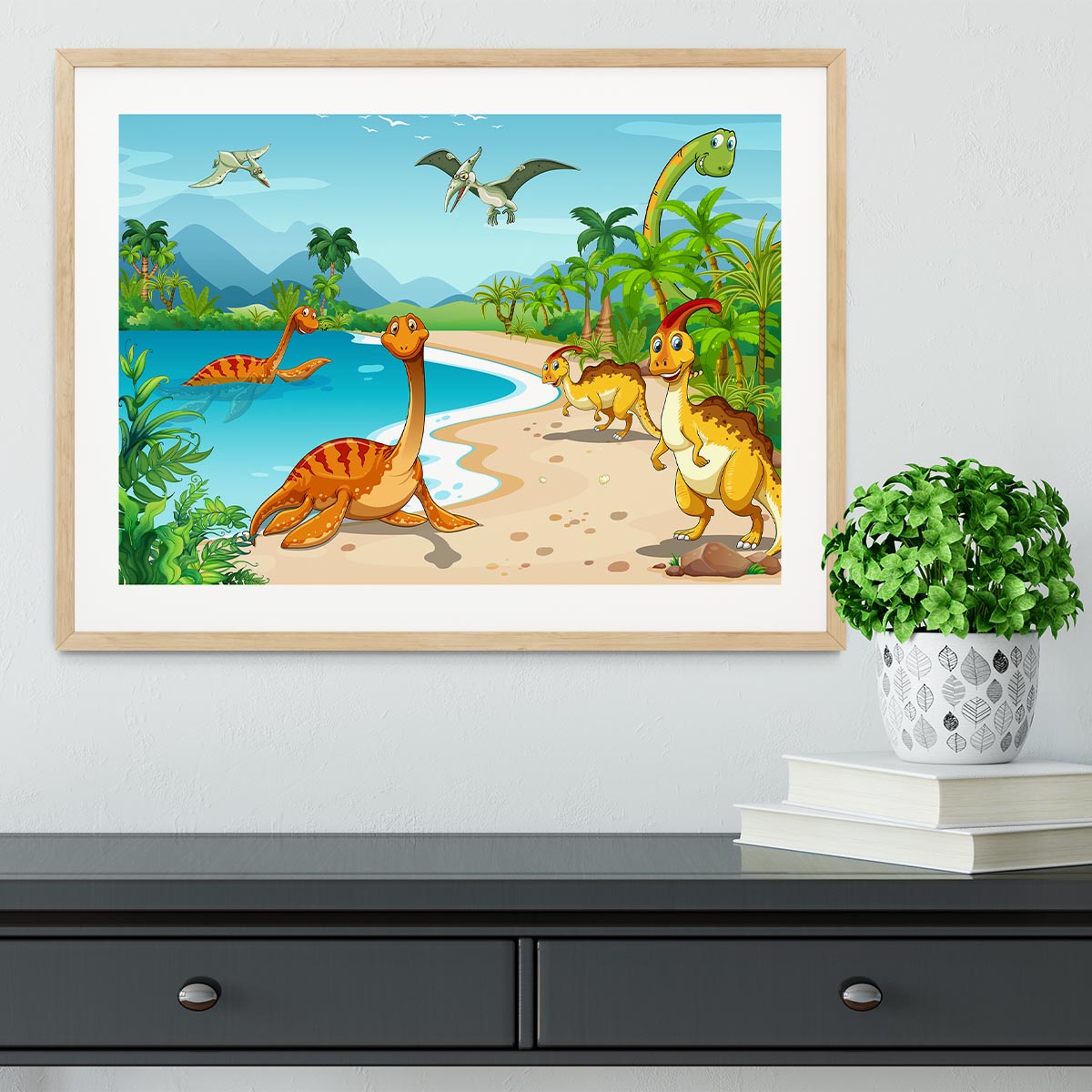Dinosaurs living on the beach Framed Print - Canvas Art Rocks - 3