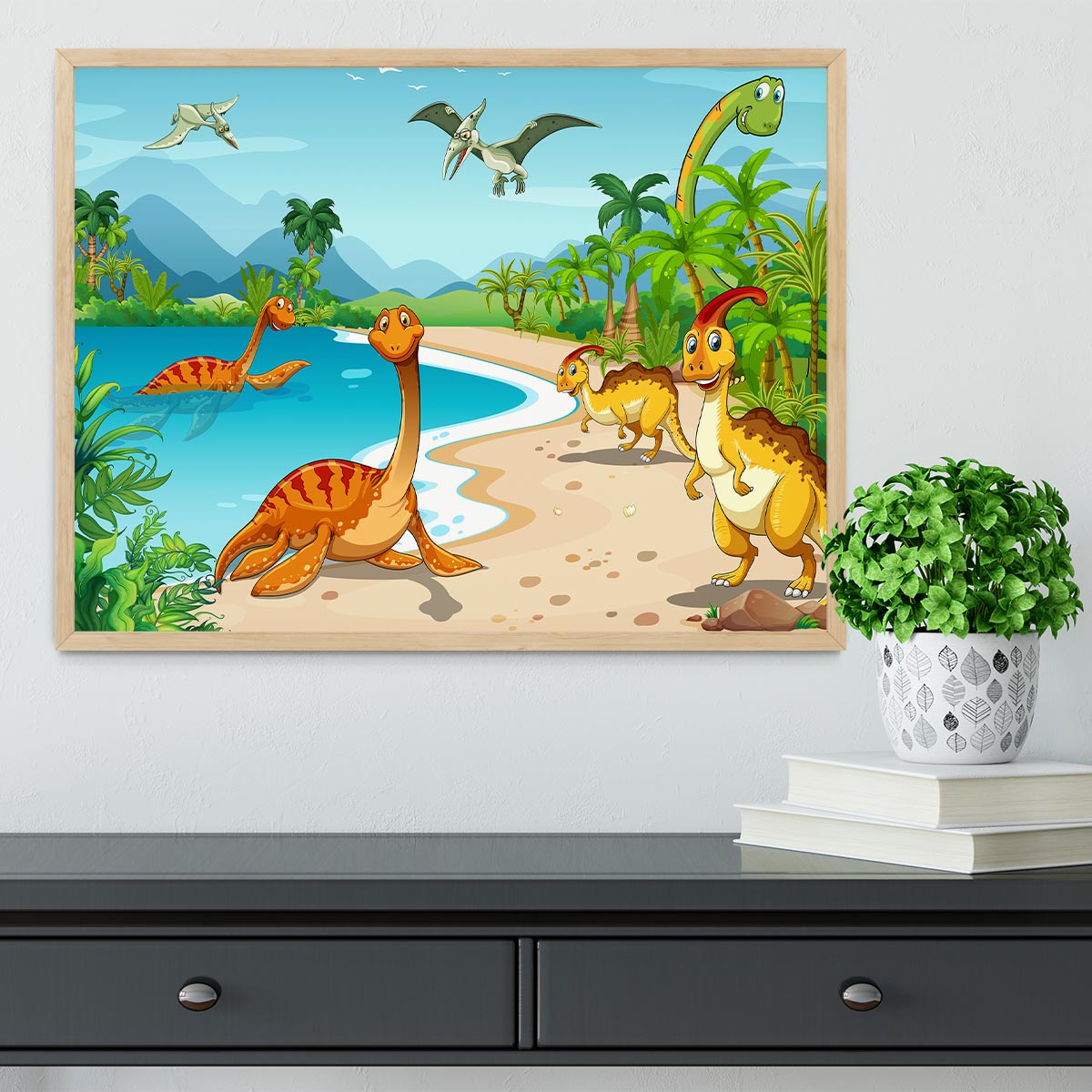 Dinosaurs living on the beach Framed Print - Canvas Art Rocks - 4