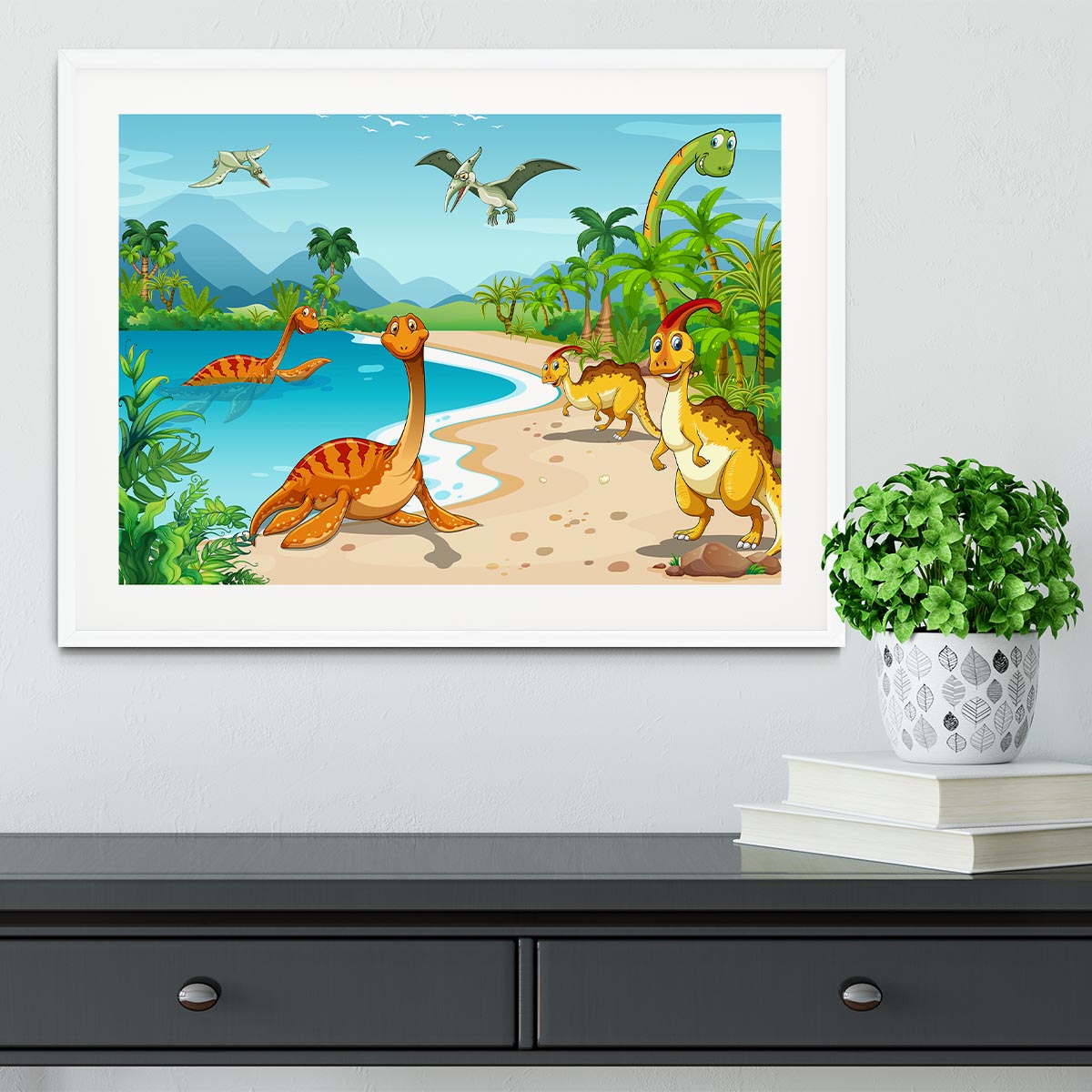 Dinosaurs living on the beach Framed Print - Canvas Art Rocks - 5