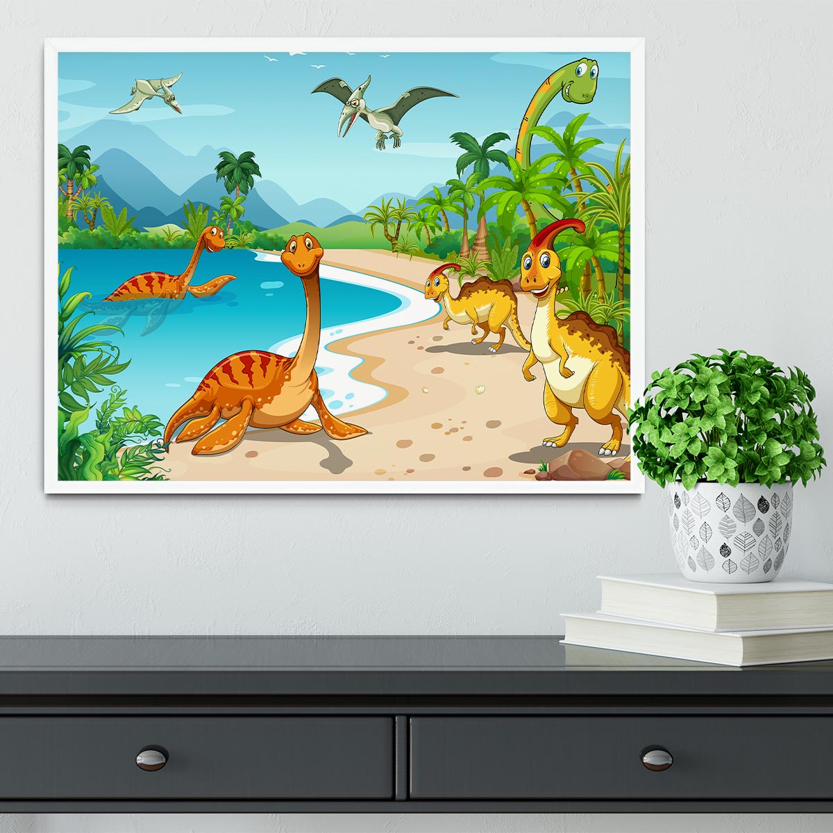 Dinosaurs living on the beach Framed Print - Canvas Art Rocks -6