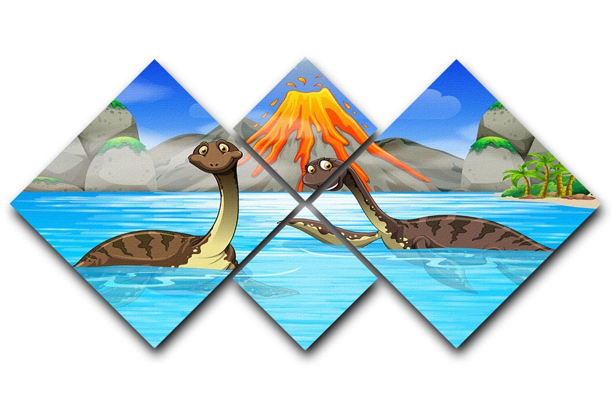 Dinosaurs swimming in the lake 4 Square Multi Panel Canvas  - Canvas Art Rocks - 1
