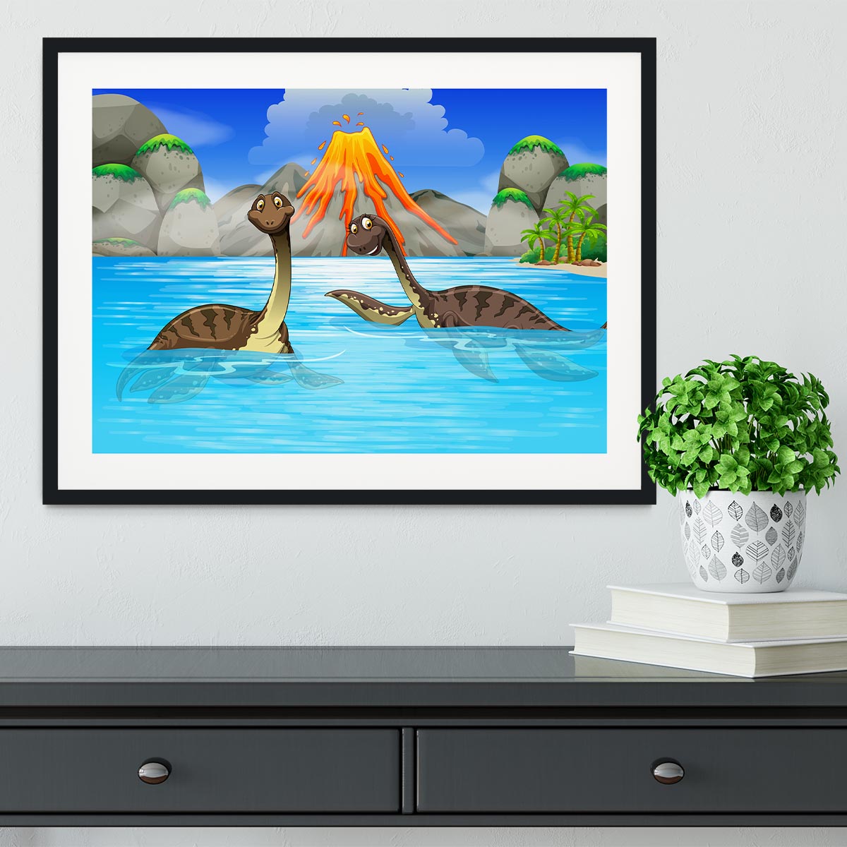 Dinosaurs swimming in the lake Framed Print - Canvas Art Rocks - 1