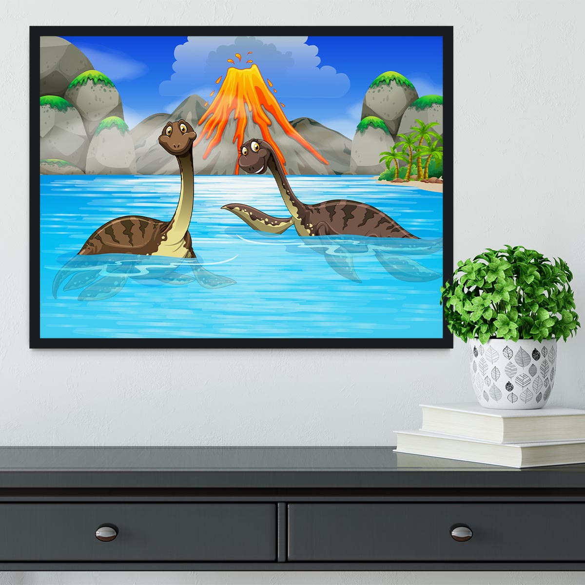 Dinosaurs swimming in the lake Framed Print - Canvas Art Rocks - 2