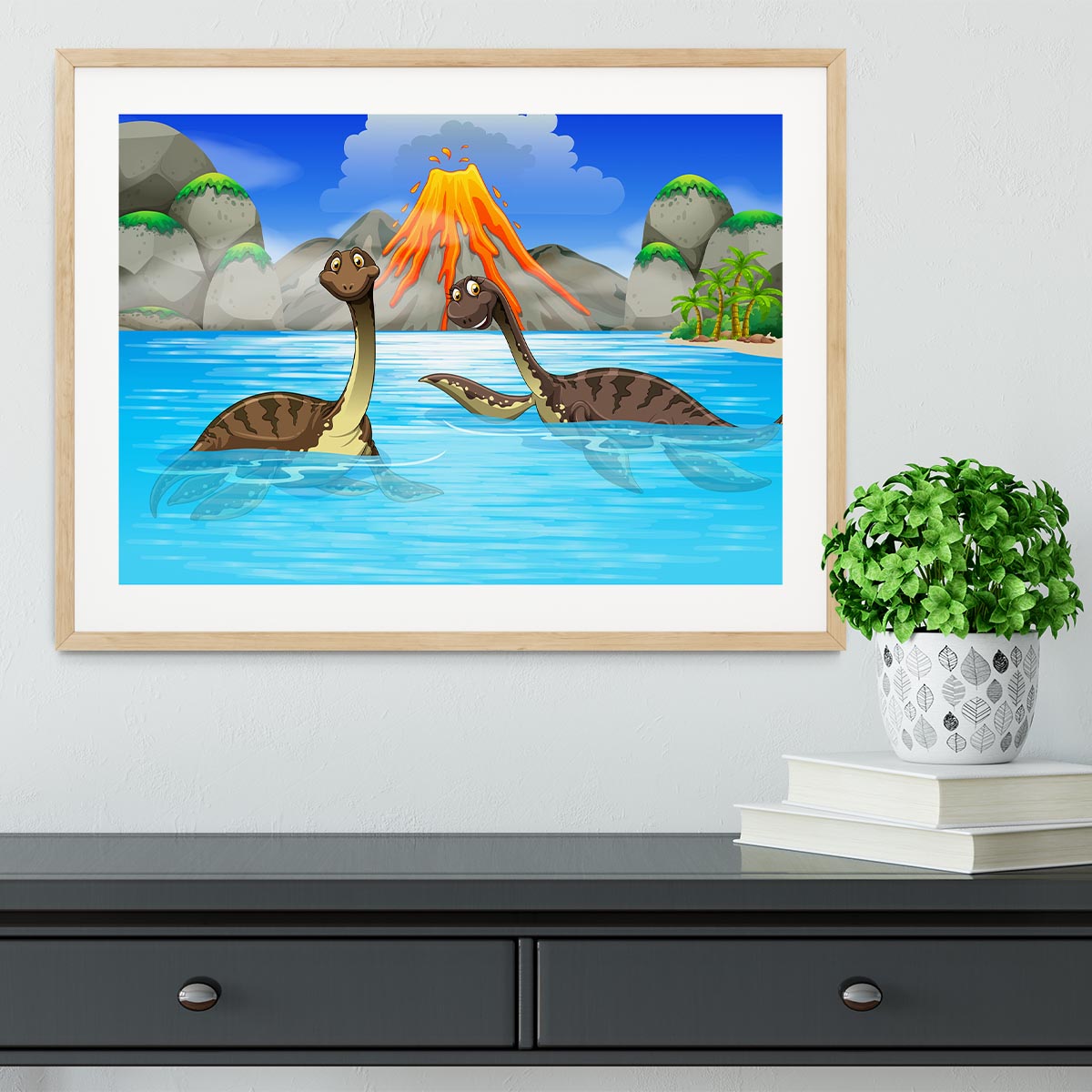Dinosaurs swimming in the lake Framed Print - Canvas Art Rocks - 3