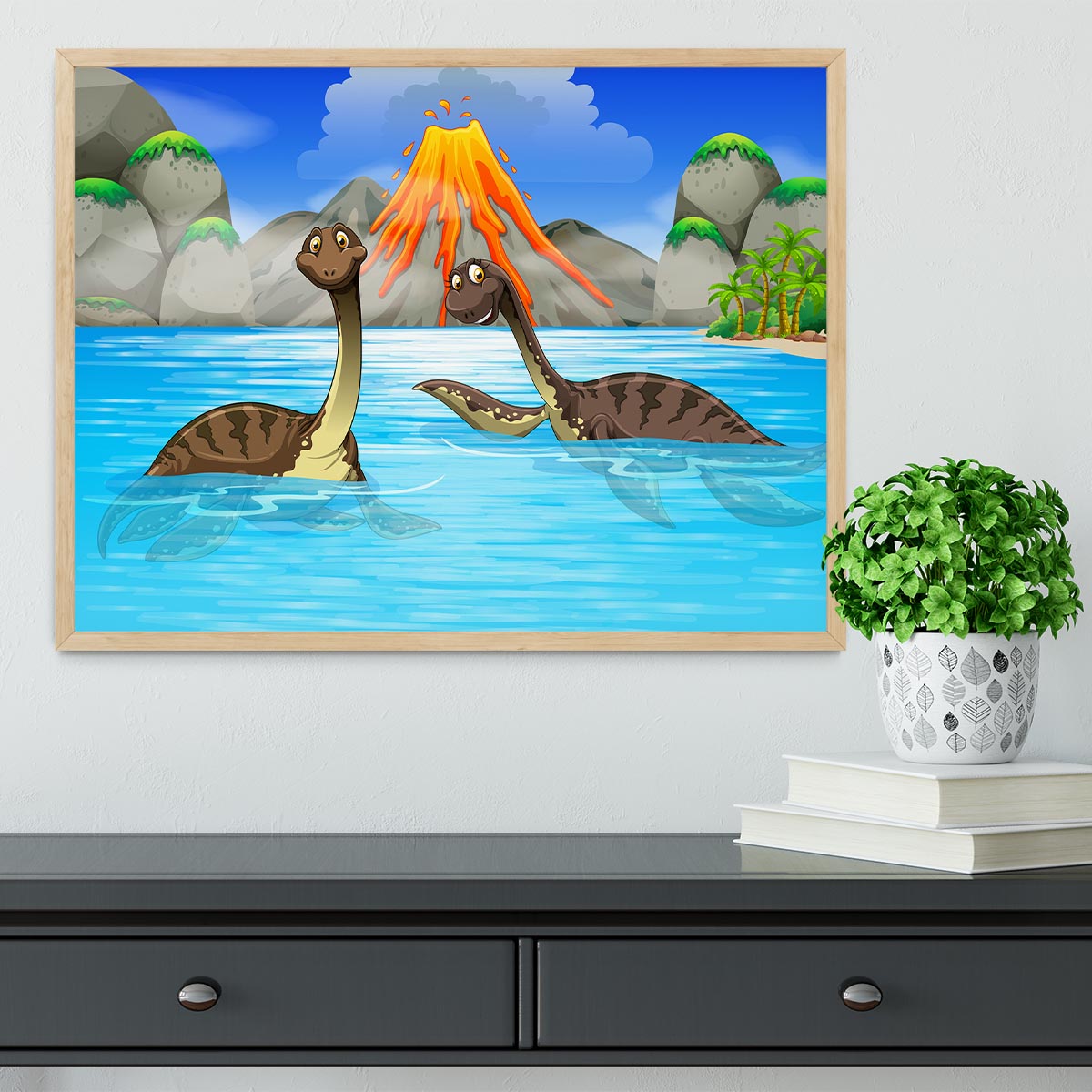 Dinosaurs swimming in the lake Framed Print - Canvas Art Rocks - 4
