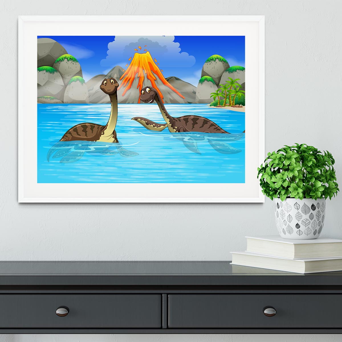 Dinosaurs swimming in the lake Framed Print - Canvas Art Rocks - 5