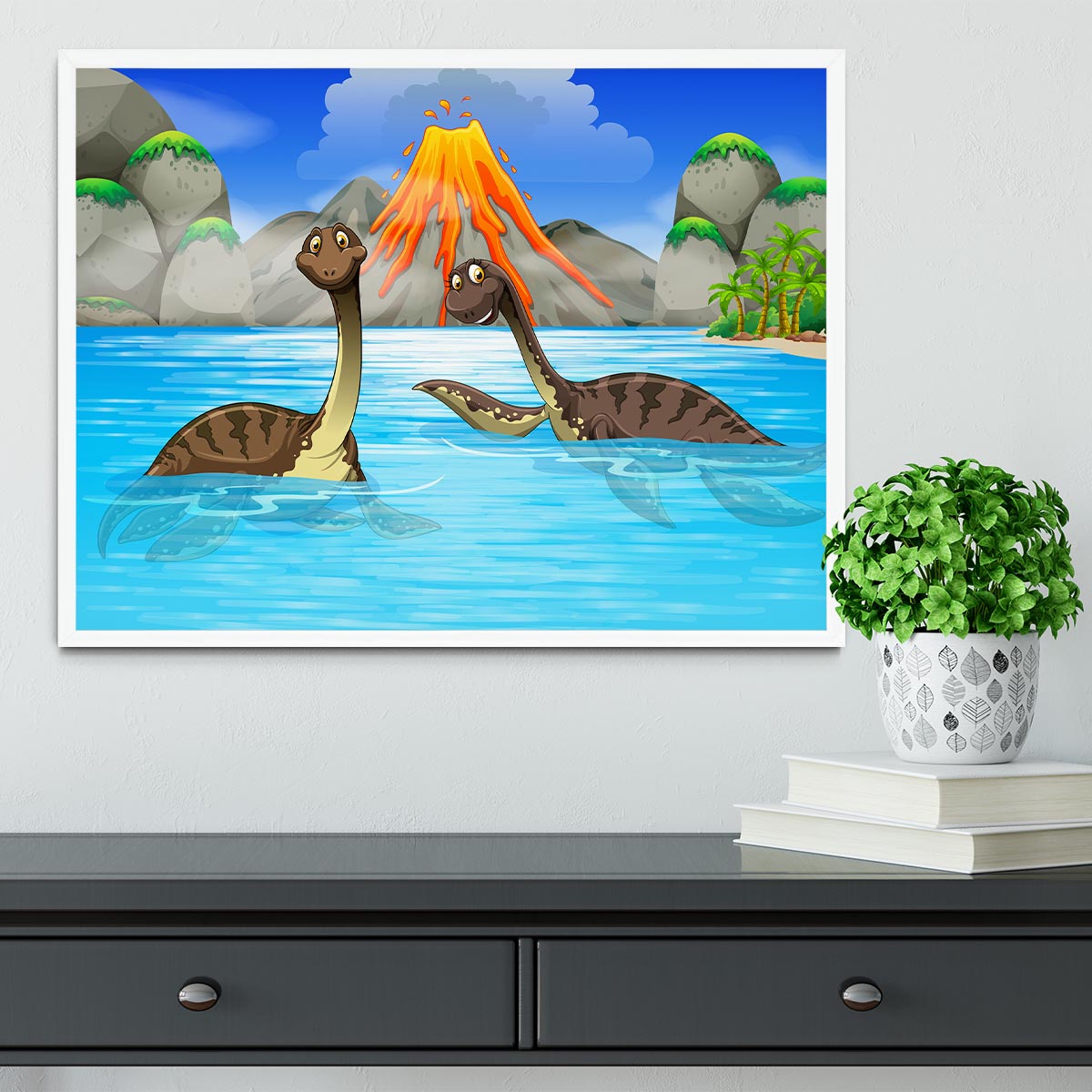Dinosaurs swimming in the lake Framed Print - Canvas Art Rocks -6