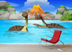 Dinosaurs swimming in the lake Wall Mural Wallpaper - Canvas Art Rocks - 3