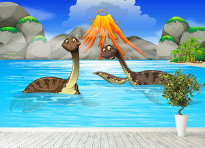 Dinosaurs swimming in the lake Wall Mural Wallpaper - Canvas Art Rocks - 4