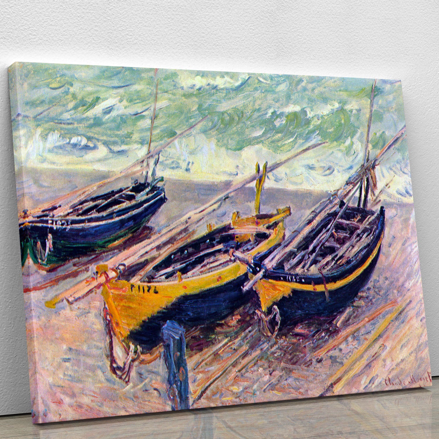 Dock of etretat three fishing boats by Monet Canvas Print or Poster - Canvas Art Rocks - 1