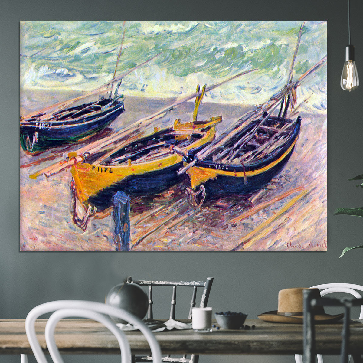 Dock of etretat three fishing boats by Monet Canvas Print or Poster - Canvas Art Rocks - 3