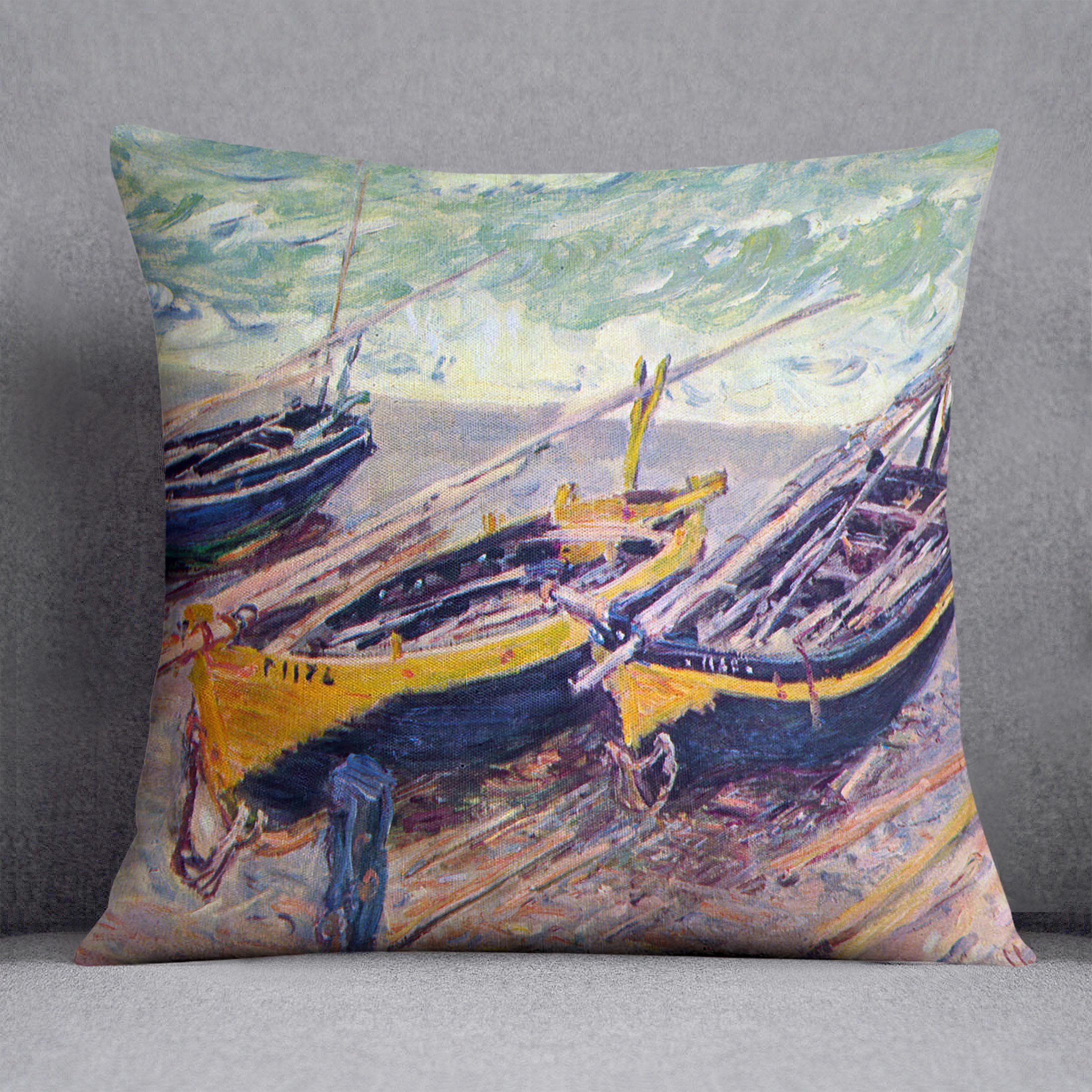 Dock of etretat three fishing boats by Monet Cushion