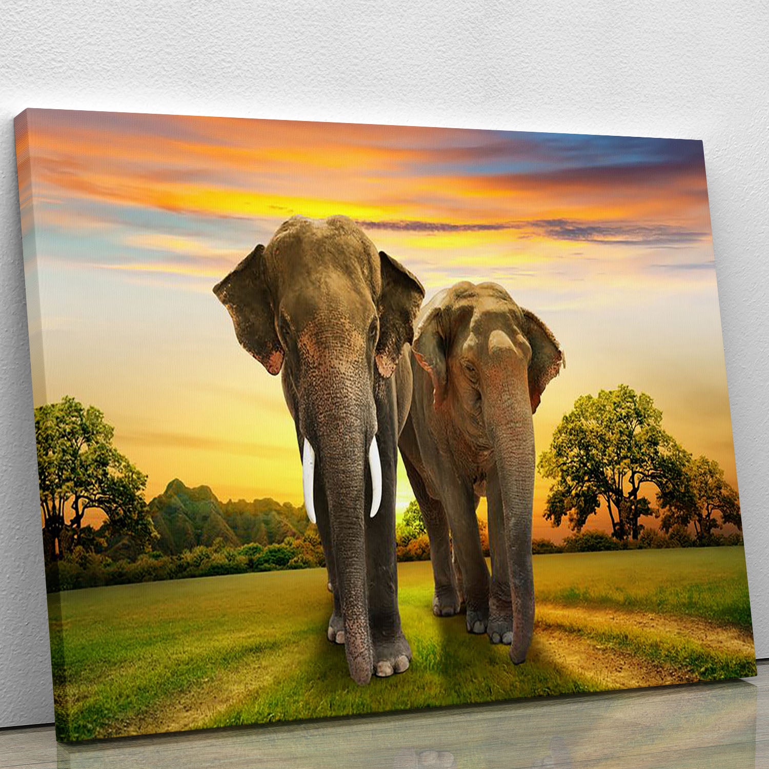 Elephant family on sunset Canvas Print or Poster - Canvas Art Rocks - 1
