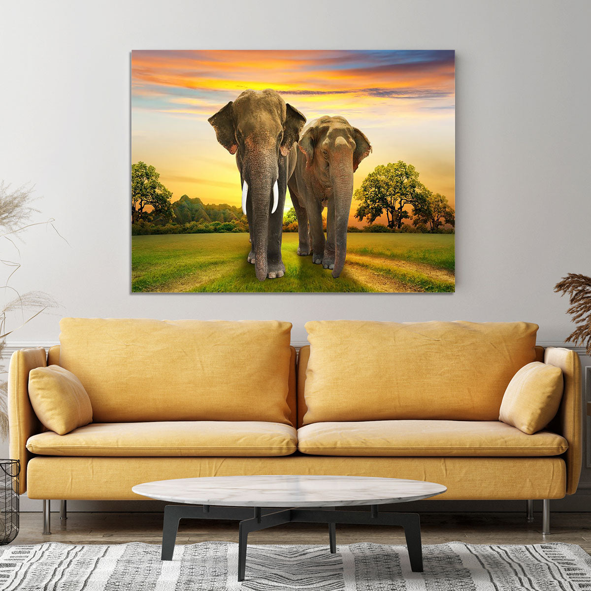 Elephant family on sunset Canvas Print or Poster - Canvas Art Rocks - 4