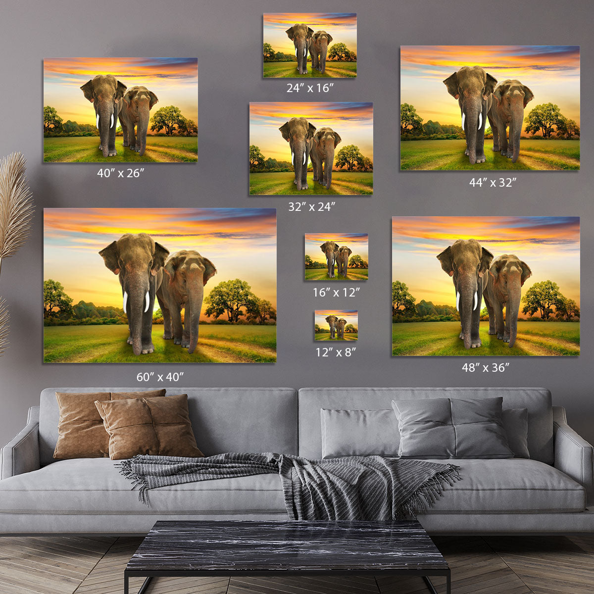 Elephant family on sunset Canvas Print or Poster - Canvas Art Rocks - 7