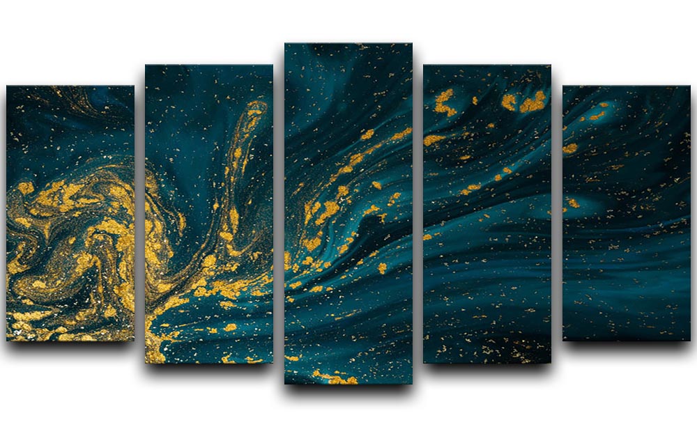 Emerald and Gold Swirled Marble 5 Split Panel Canvas - Canvas Art Rocks - 1