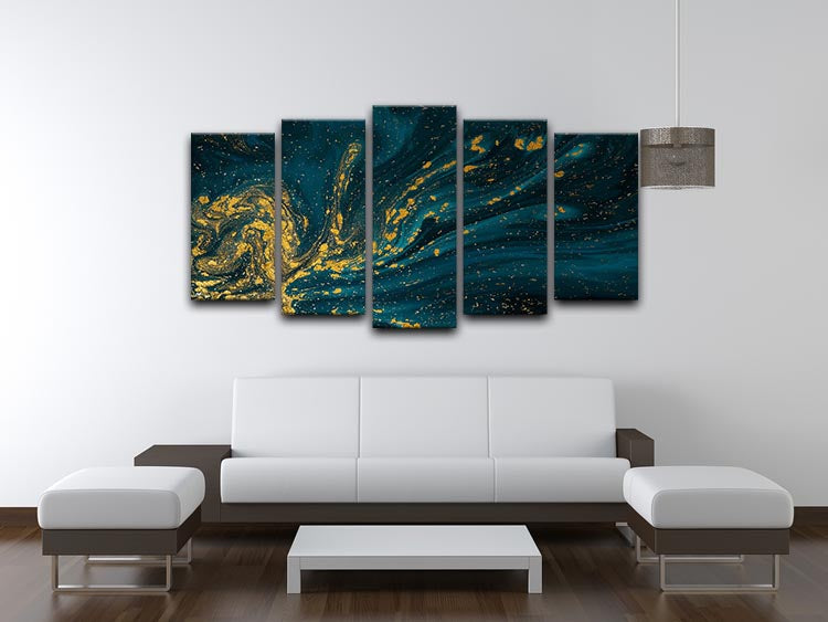 Emerald and Gold Swirled Marble 5 Split Panel Canvas - Canvas Art Rocks - 3