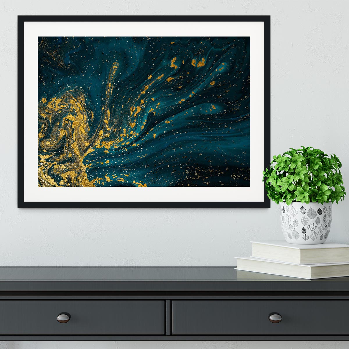 Emerald and Gold Swirled Marble Framed Print - Canvas Art Rocks - 1