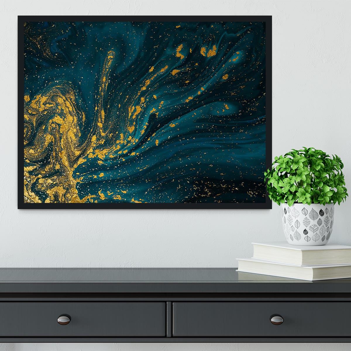 Emerald and Gold Swirled Marble Framed Print - Canvas Art Rocks - 2