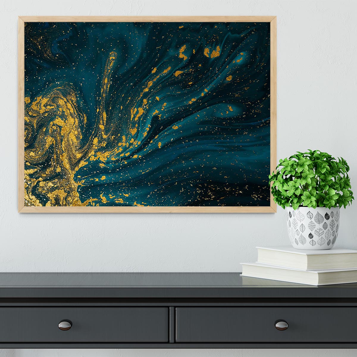 Emerald and Gold Swirled Marble Framed Print - Canvas Art Rocks - 4