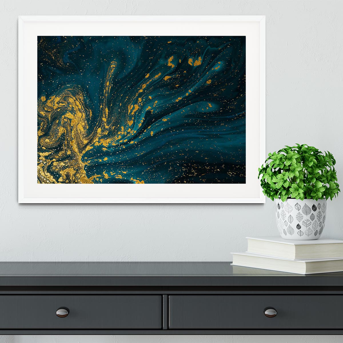 Emerald and Gold Swirled Marble Framed Print - Canvas Art Rocks - 5