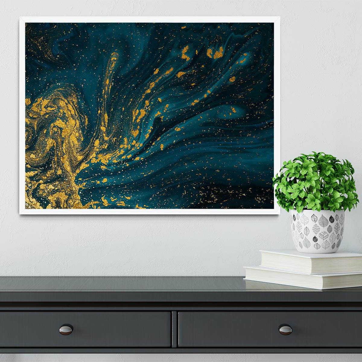 Emerald and Gold Swirled Marble Framed Print - Canvas Art Rocks -6