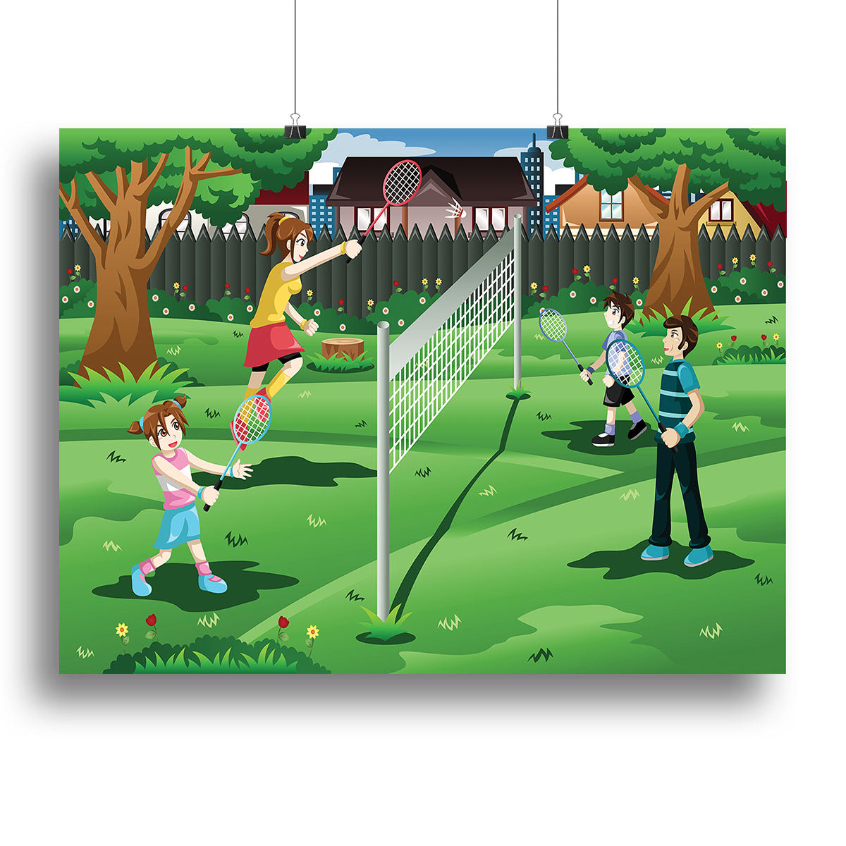 Family playing badminton in the backyard Canvas Print or Poster - Canvas Art Rocks - 2