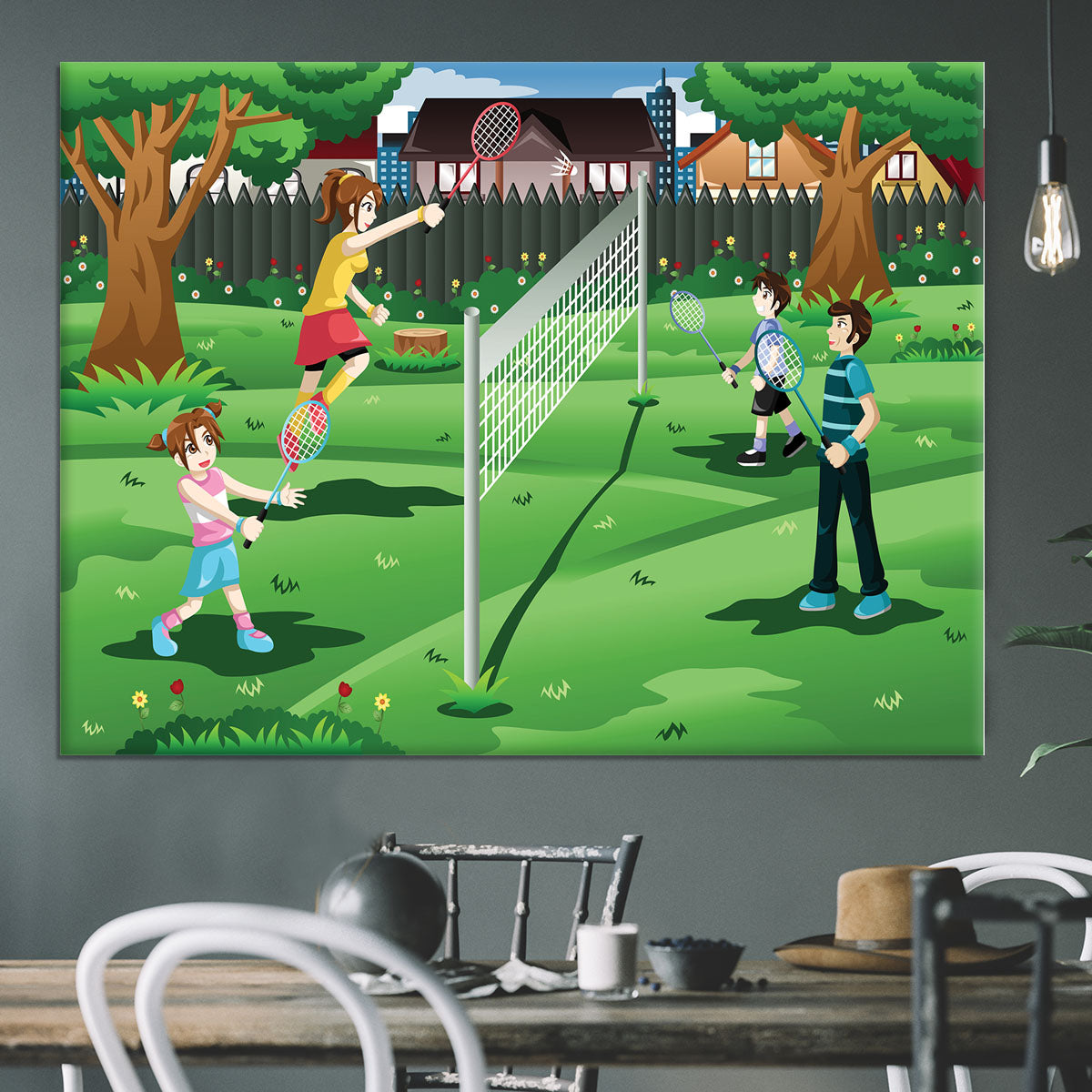 Family playing badminton in the backyard Canvas Print or Poster - Canvas Art Rocks - 3