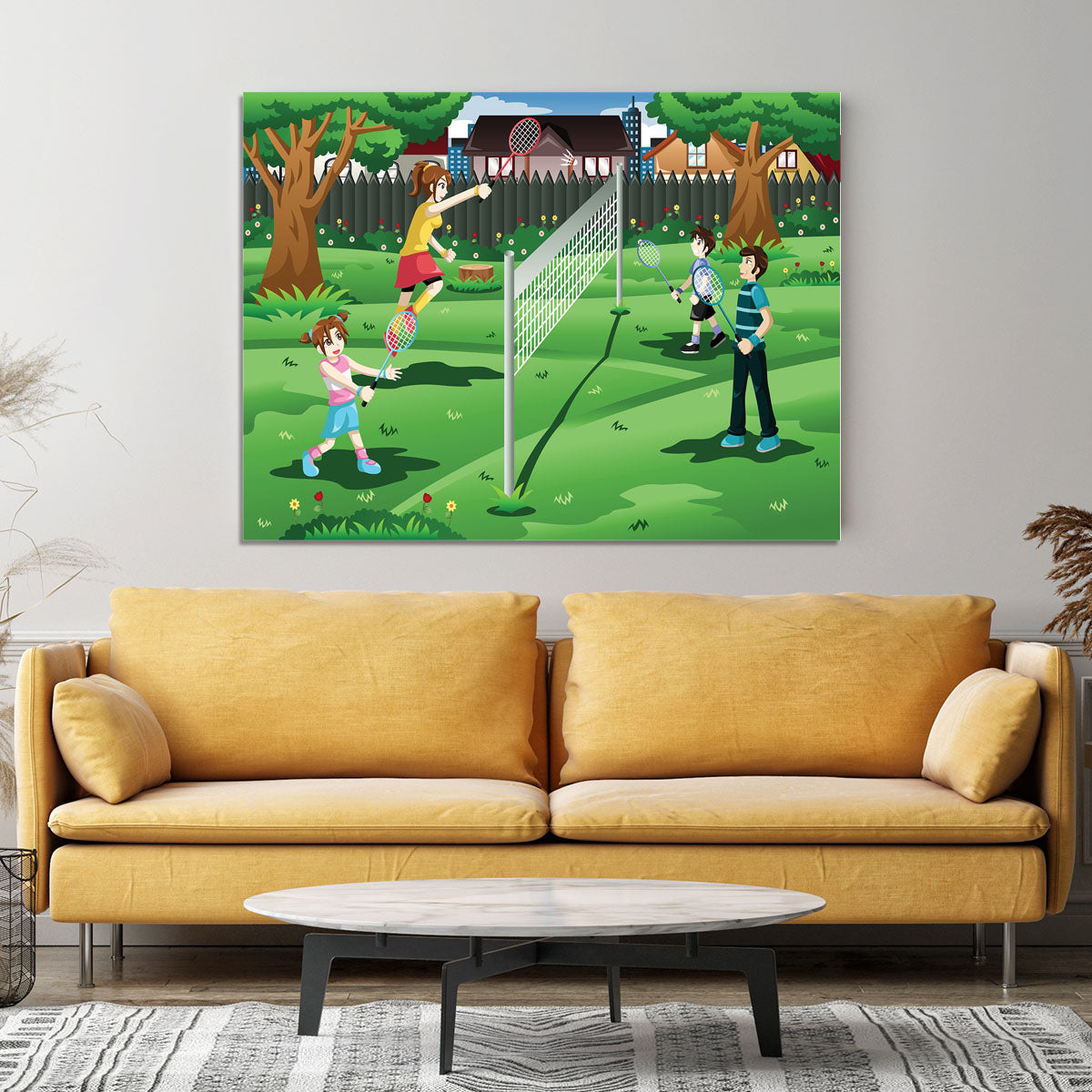 Family playing badminton in the backyard Canvas Print or Poster - Canvas Art Rocks - 4