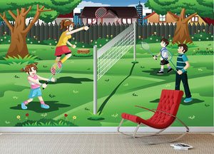 Family playing badminton in the backyard Wall Mural Wallpaper - Canvas Art Rocks - 3