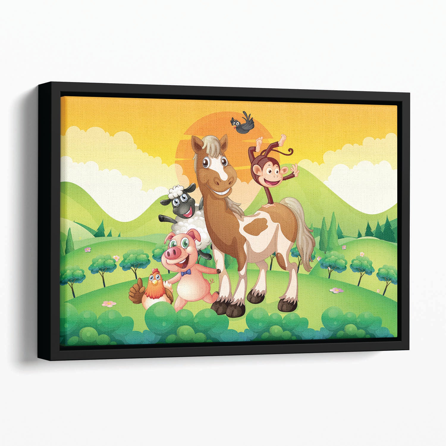 Farm animals in the field Floating Framed Canvas