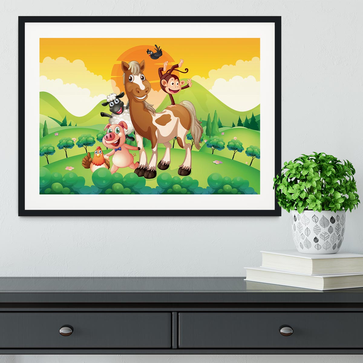 Farm animals in the field Framed Print - Canvas Art Rocks - 1