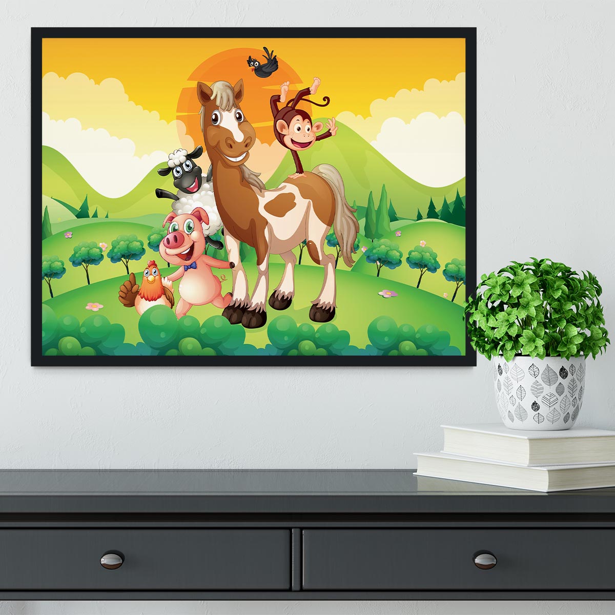 Farm animals in the field Framed Print - Canvas Art Rocks - 2