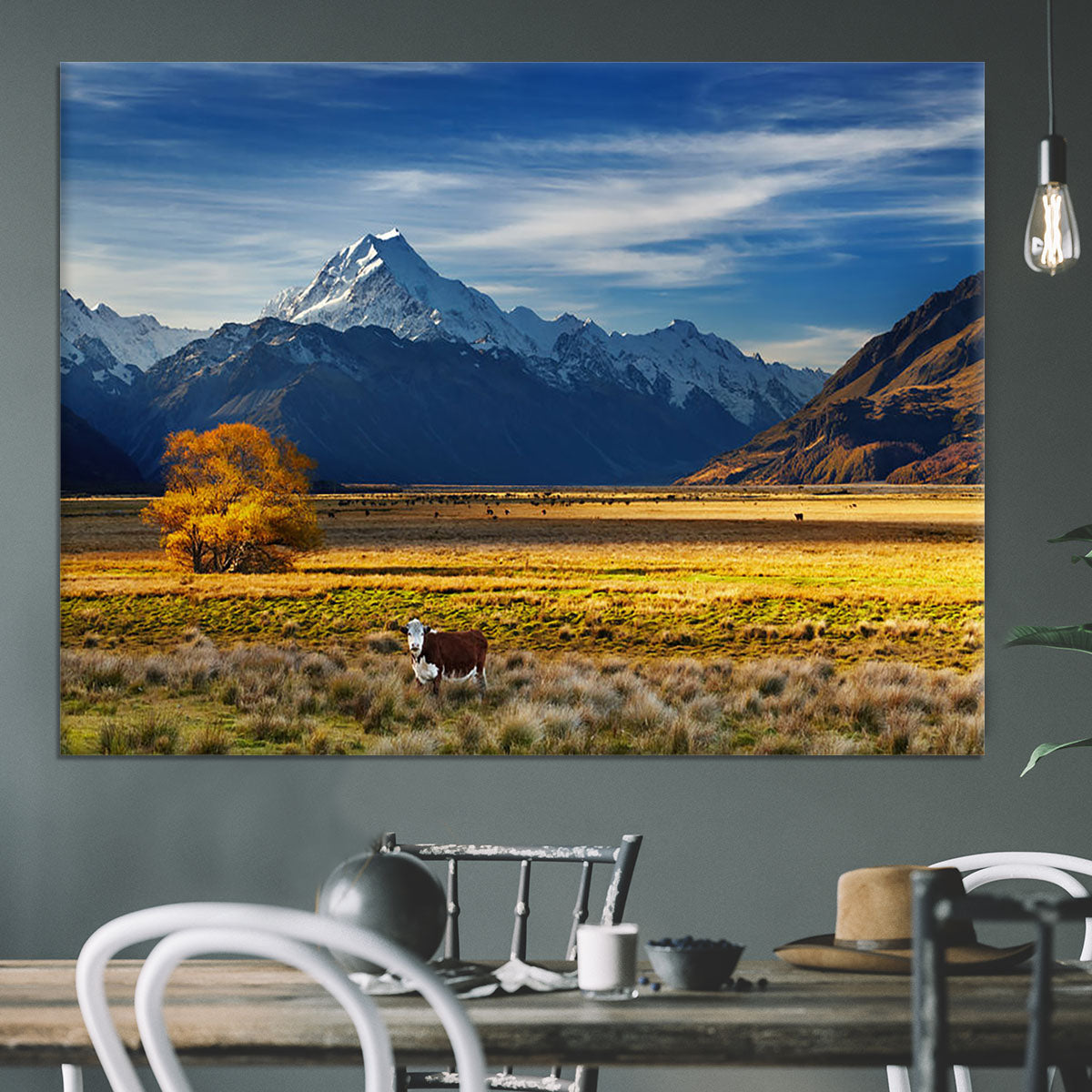 Farmland with grazing cows and Mount Cook Canvas Print or Poster - Canvas Art Rocks - 3