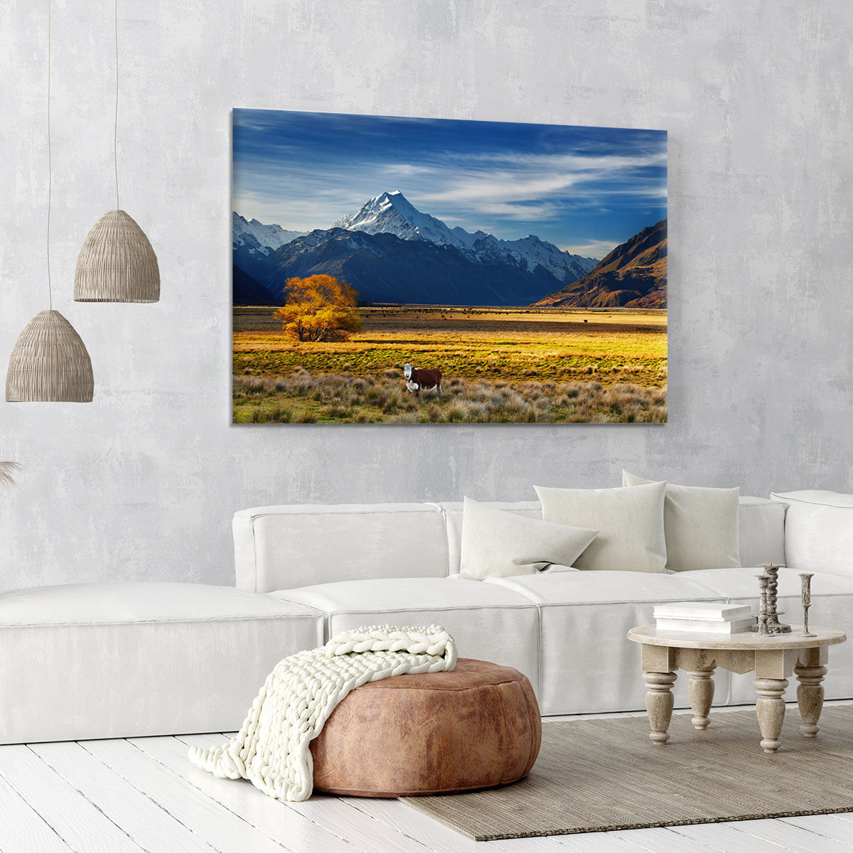 Farmland with grazing cows and Mount Cook Canvas Print or Poster - Canvas Art Rocks - 6