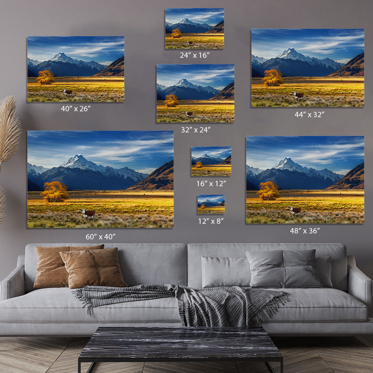 Farmland with grazing cows and Mount Cook Canvas Print or Poster - Canvas Art Rocks - 7