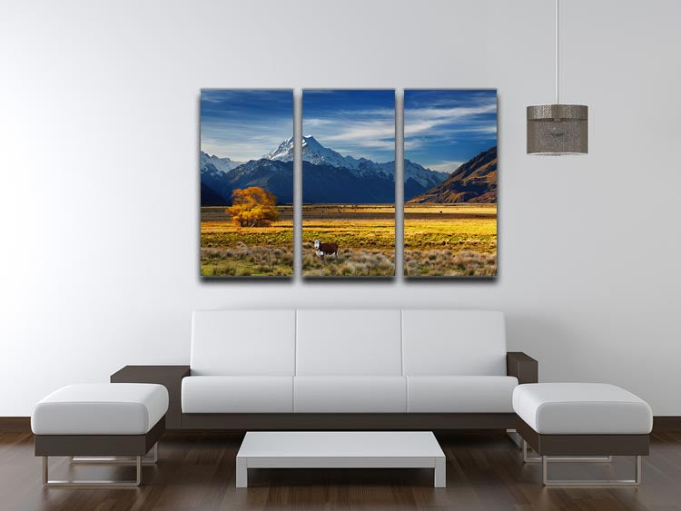 Farmland with grazing cows and Mount Cook on background 3 Split Panel Canvas Print - Canvas Art Rocks - 3
