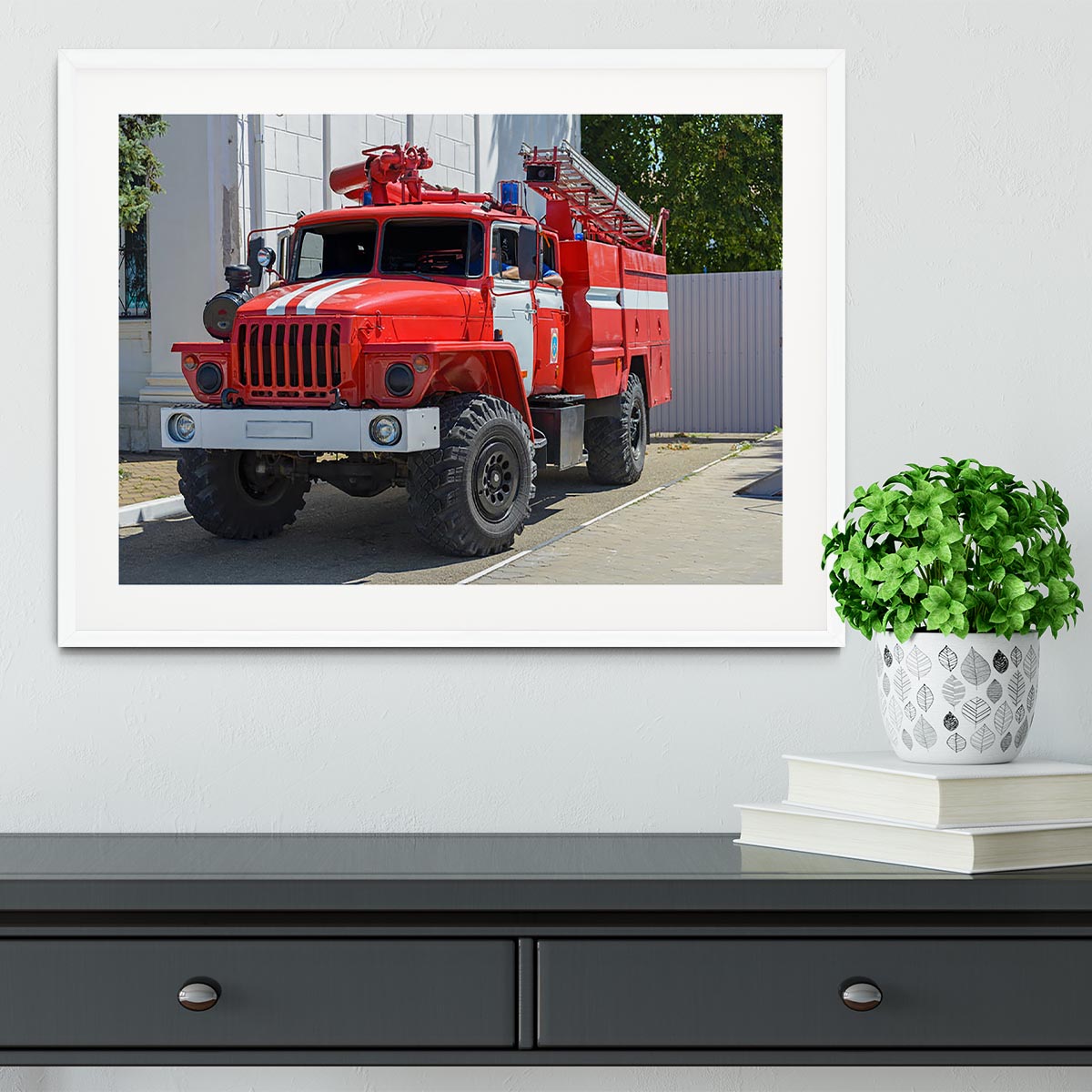 Fire Truck In The City Framed Print - Canvas Art Rocks - 5