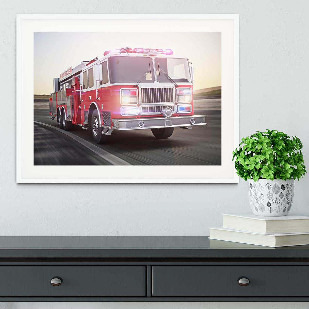 Fire truck running with lights and sirens Framed Print - Canvas Art Rocks - 5