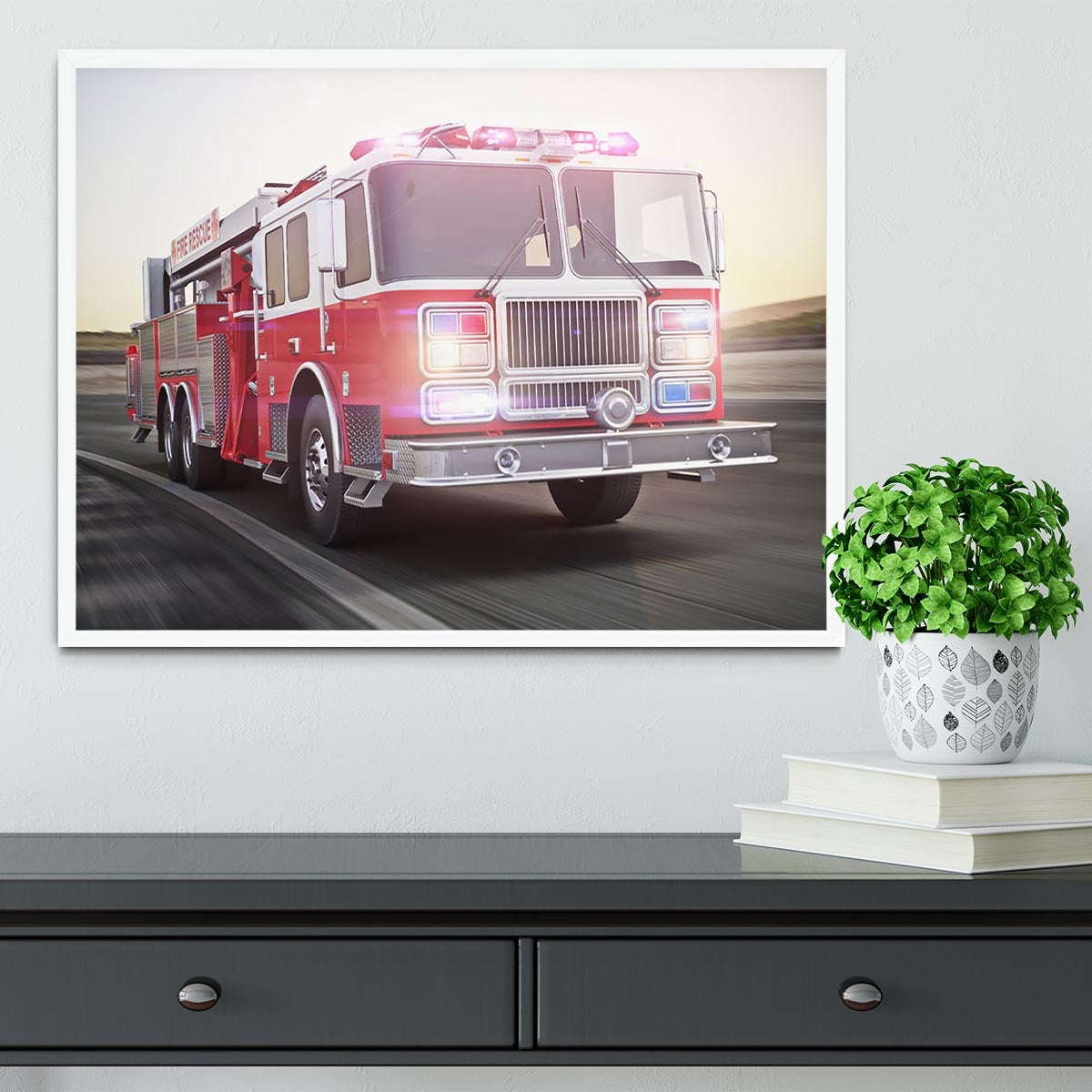 Fire truck running with lights and sirens Framed Print - Canvas Art Rocks -6