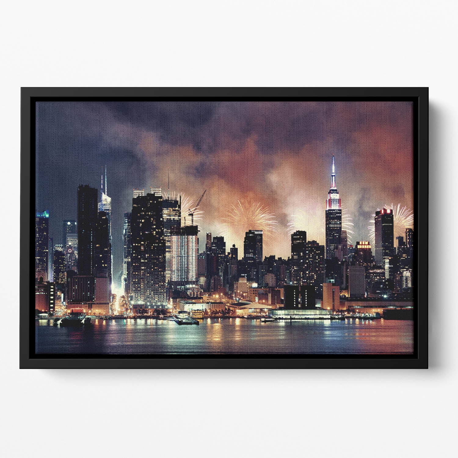 Fireworks show with Manhattan skyscrapers Floating Framed Canvas