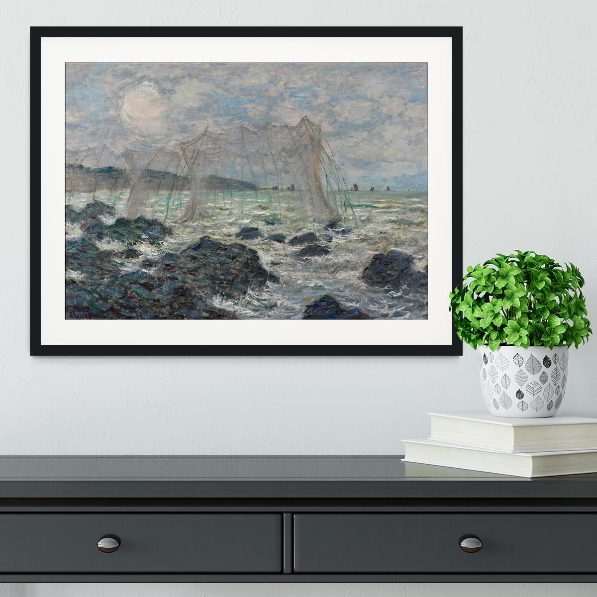 Fishing nets at Pourville by Monet Framed Print - Canvas Art Rocks - 1