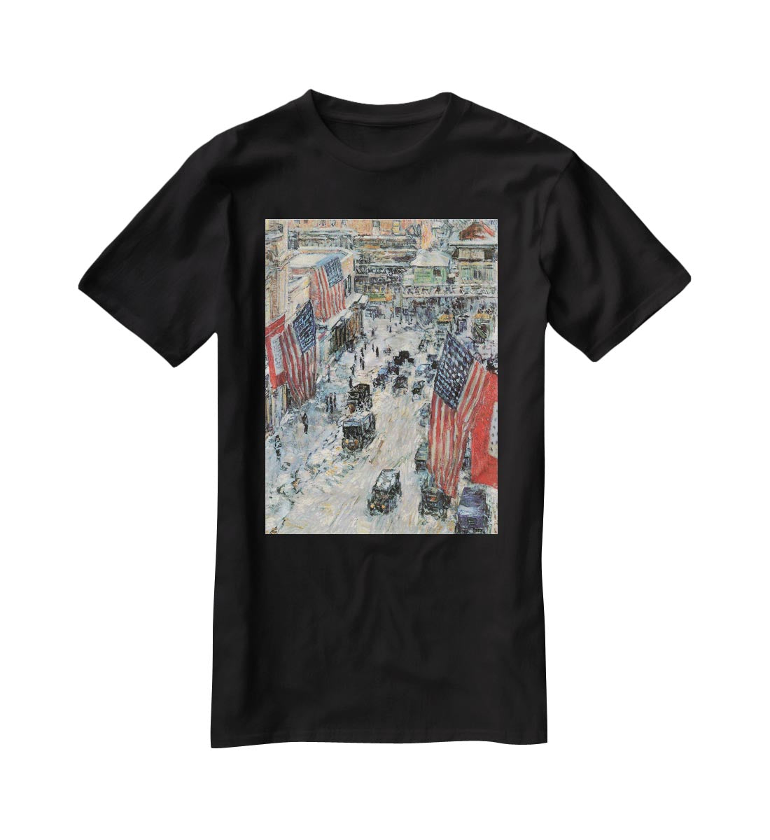Flags on Fifth Avenue Winter 1918 by Hassam T-Shirt - Canvas Art Rocks - 1