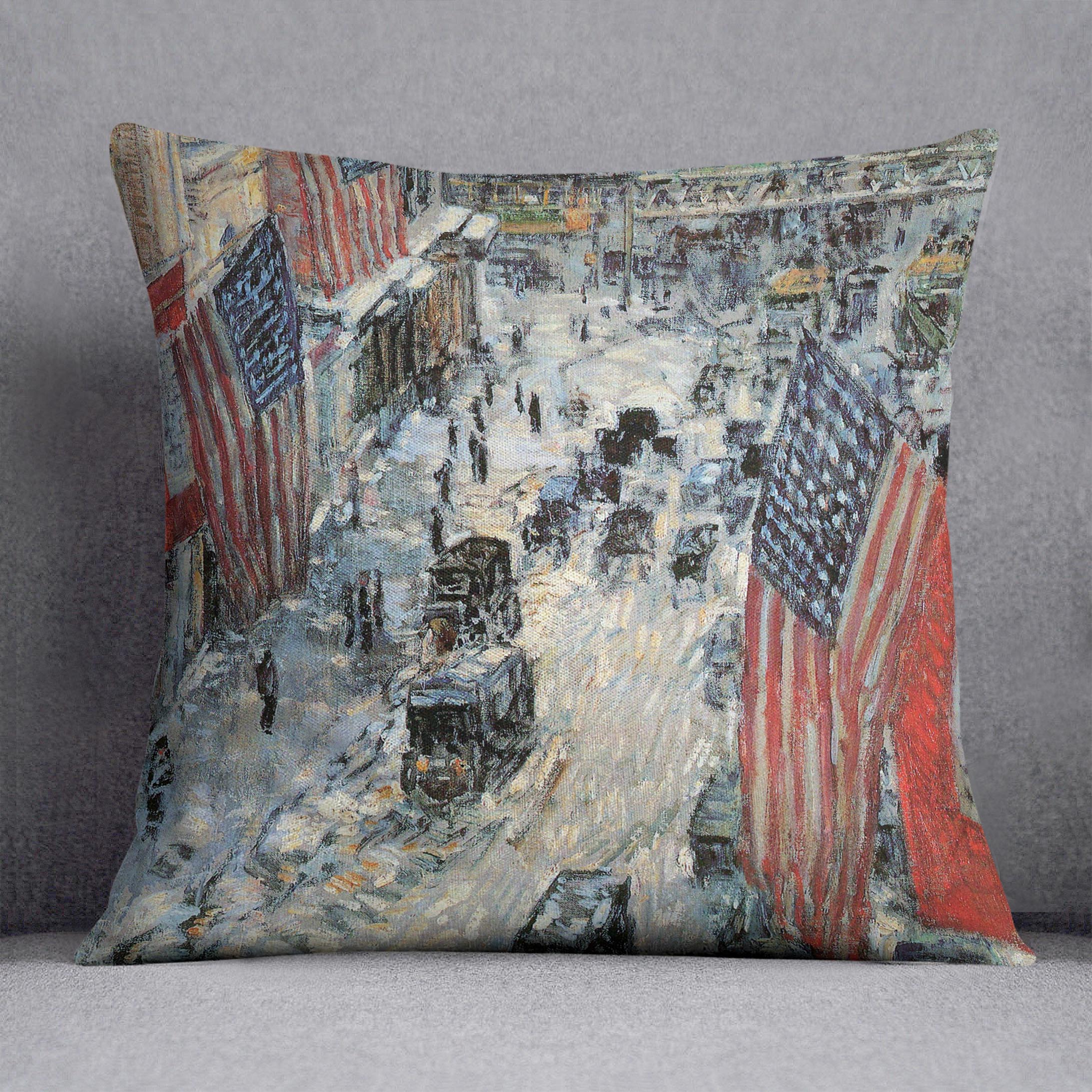 Flags on Fifth Avenue Winter 1918 by Hassam Cushion - Canvas Art Rocks - 1