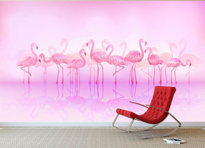 Flock of caribbean flamingos over a lake Wall Mural Wallpaper - Canvas Art Rocks - 2
