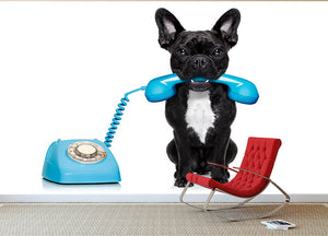 French bulldog dog on the phone or telephone in mouth Wall Mural Wallpaper - Canvas Art Rocks - 2