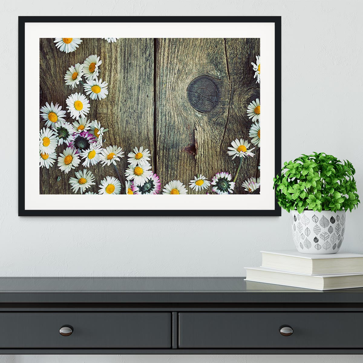 Fresh daisies on wood Framed Print - Canvas Art Rocks - 1