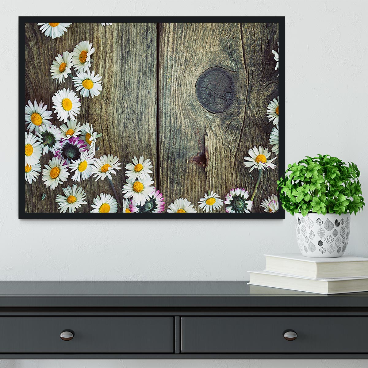 Fresh daisies on wood Framed Print - Canvas Art Rocks - 2