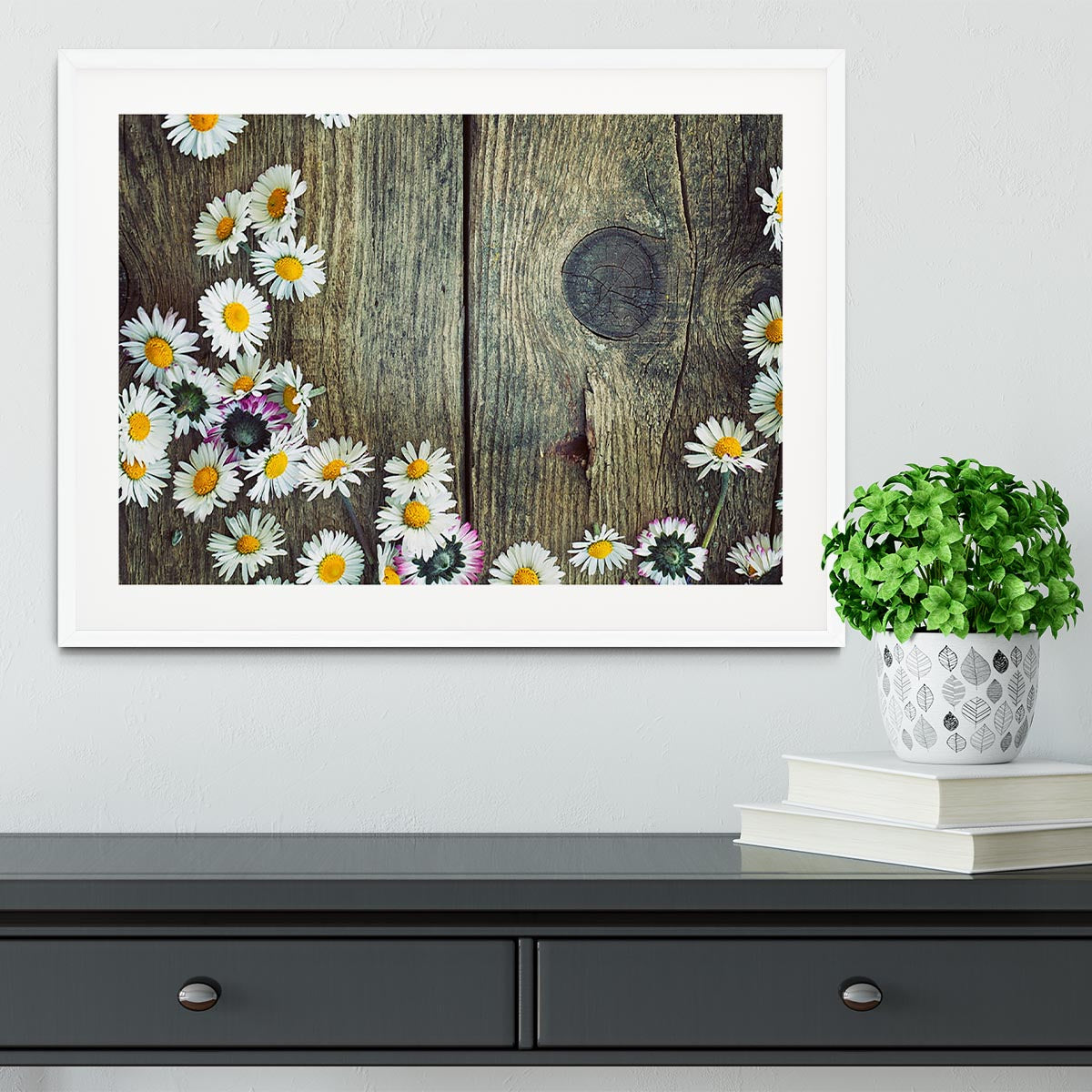 Fresh daisies on wood Framed Print - Canvas Art Rocks - 5